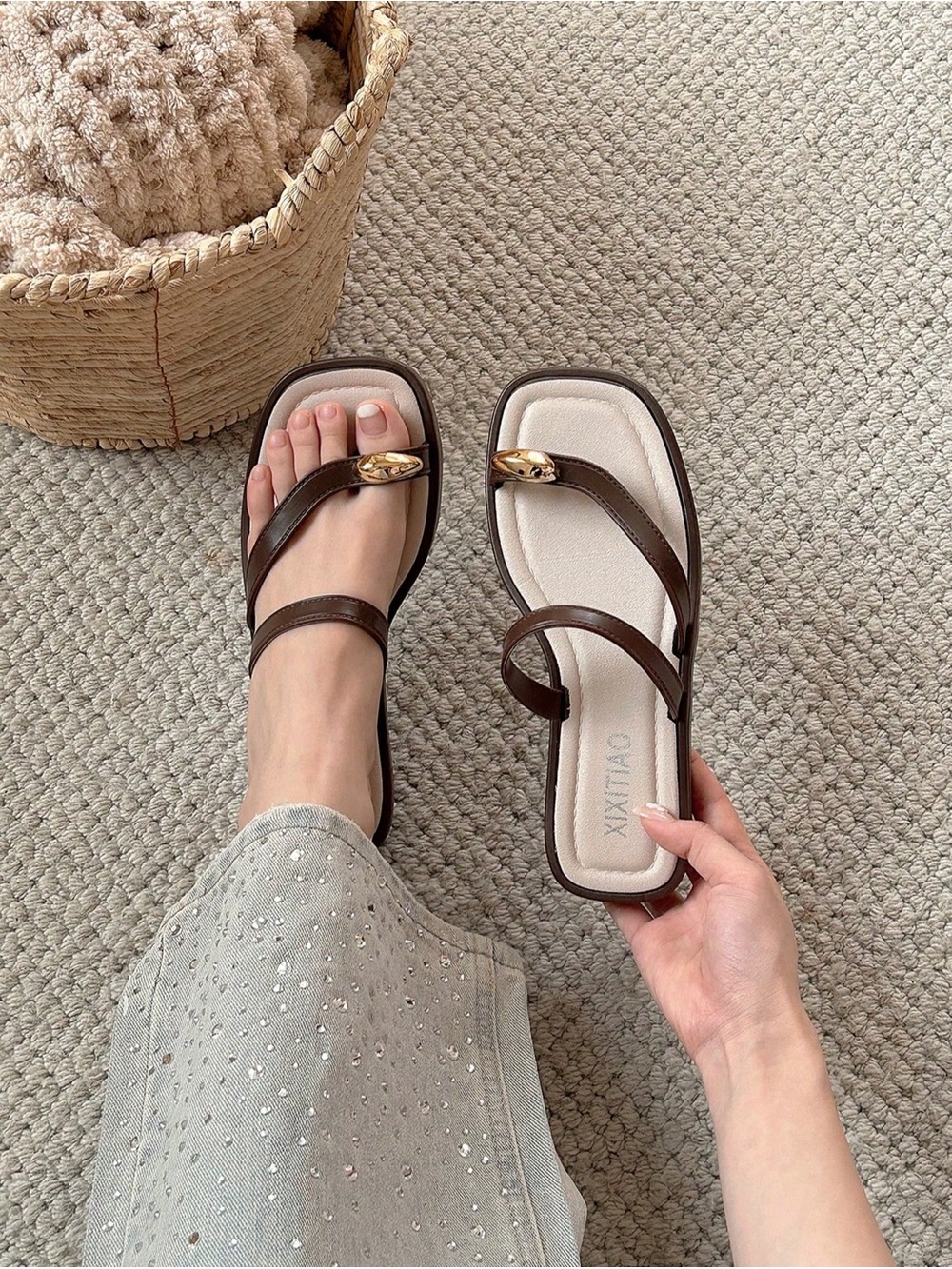 Ovelo Brown Minimalist Thong Sandals – Women’s Soft Sole Flat Summer Slides